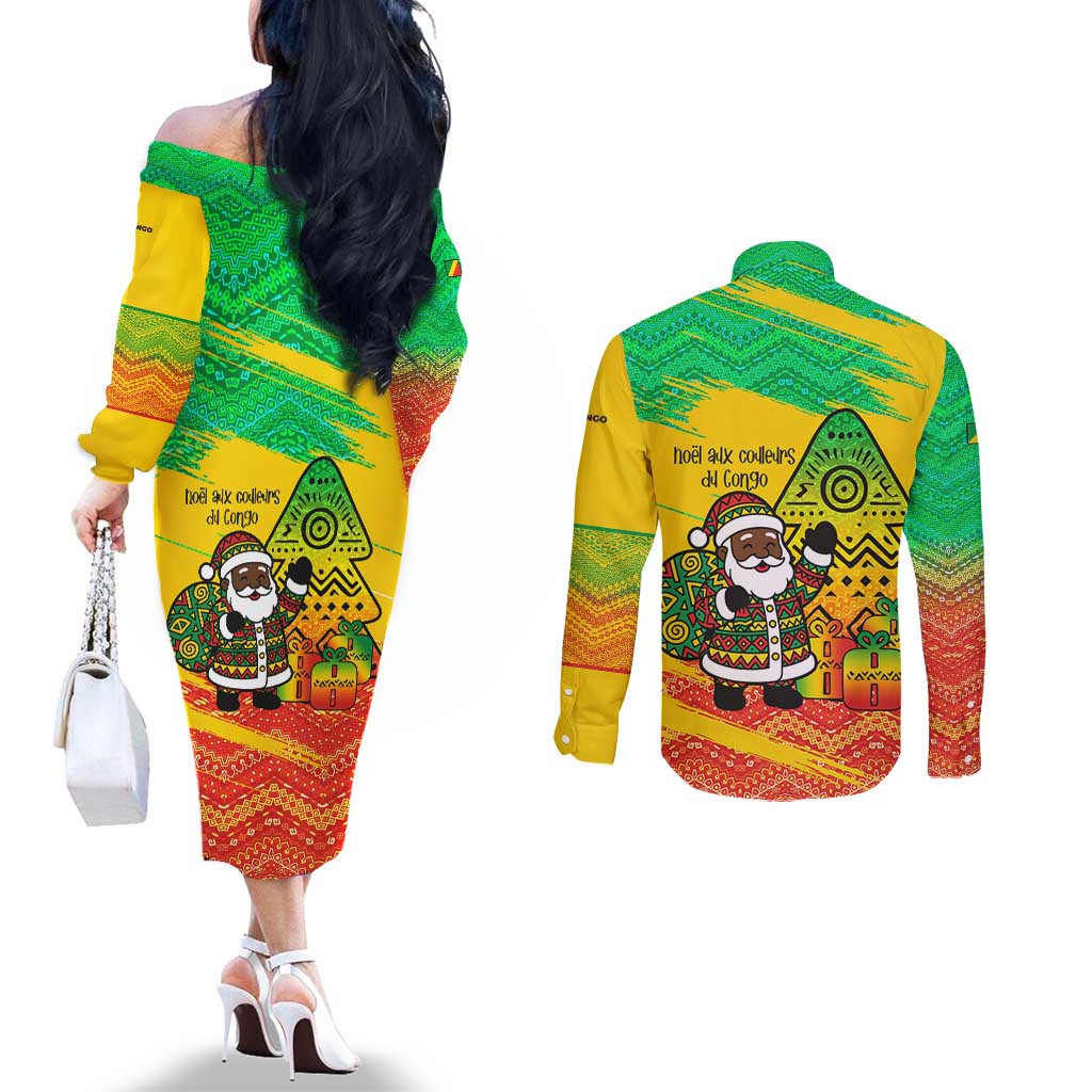 Congo Christmas Couples Matching Off The Shoulder Long Sleeve Dress and Long Sleeve Button Shirt with African Santa Tribal Tree and Colorful Gift Design - Wonder Print Shop