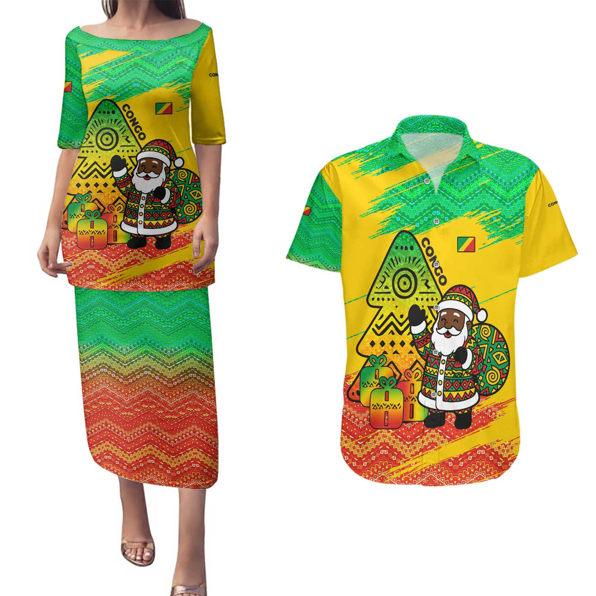 Congo Christmas Couples Matching Puletasi and Hawaiian Shirt with African Santa Tribal Tree and Colorful Gift Design - Wonder Print Shop