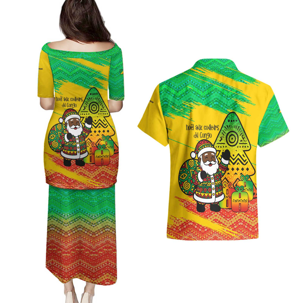 Congo Christmas Couples Matching Puletasi and Hawaiian Shirt with African Santa Tribal Tree and Colorful Gift Design - Wonder Print Shop