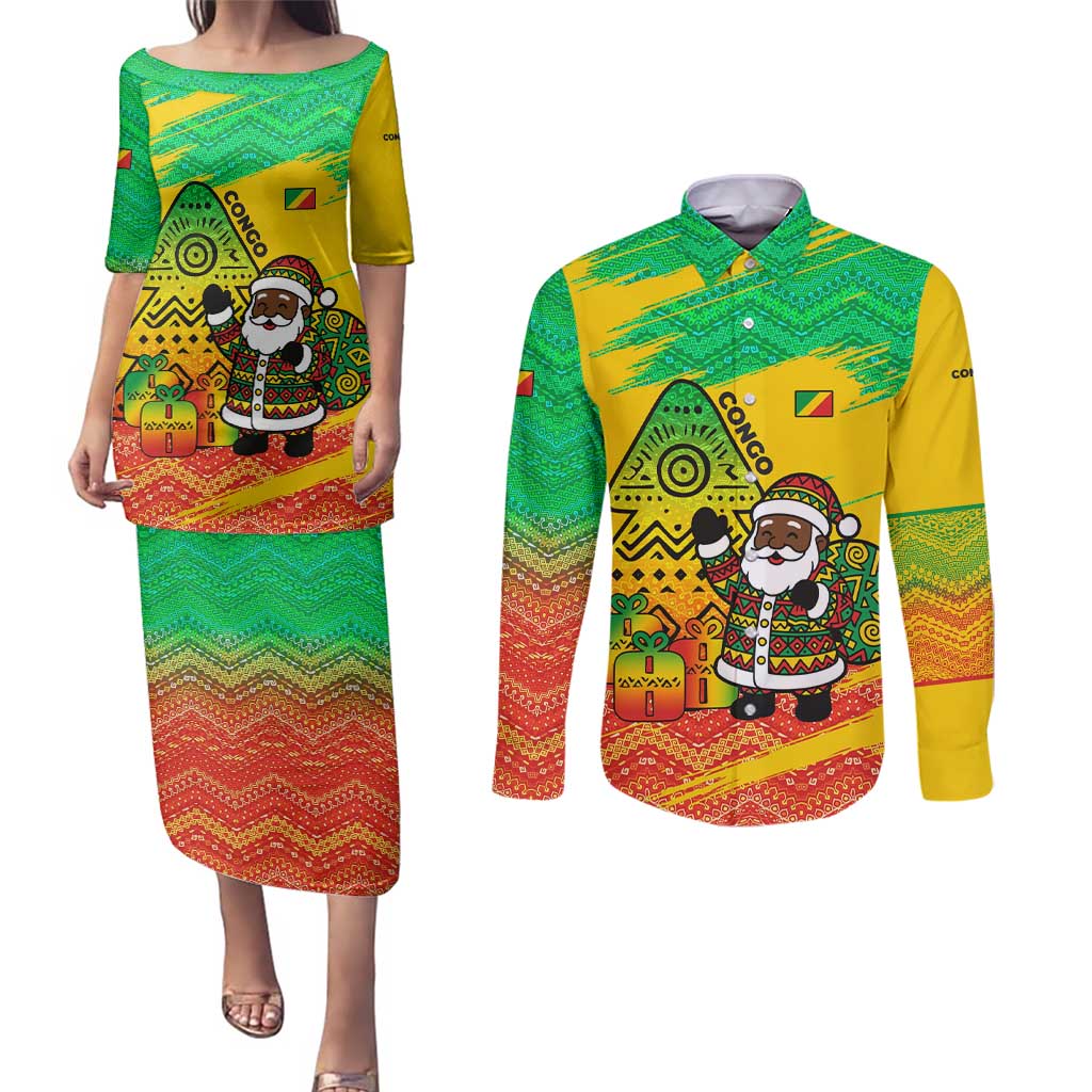 Congo Christmas Couples Matching Puletasi and Long Sleeve Button Shirt with African Santa Tribal Tree and Colorful Gift Design - Wonder Print Shop