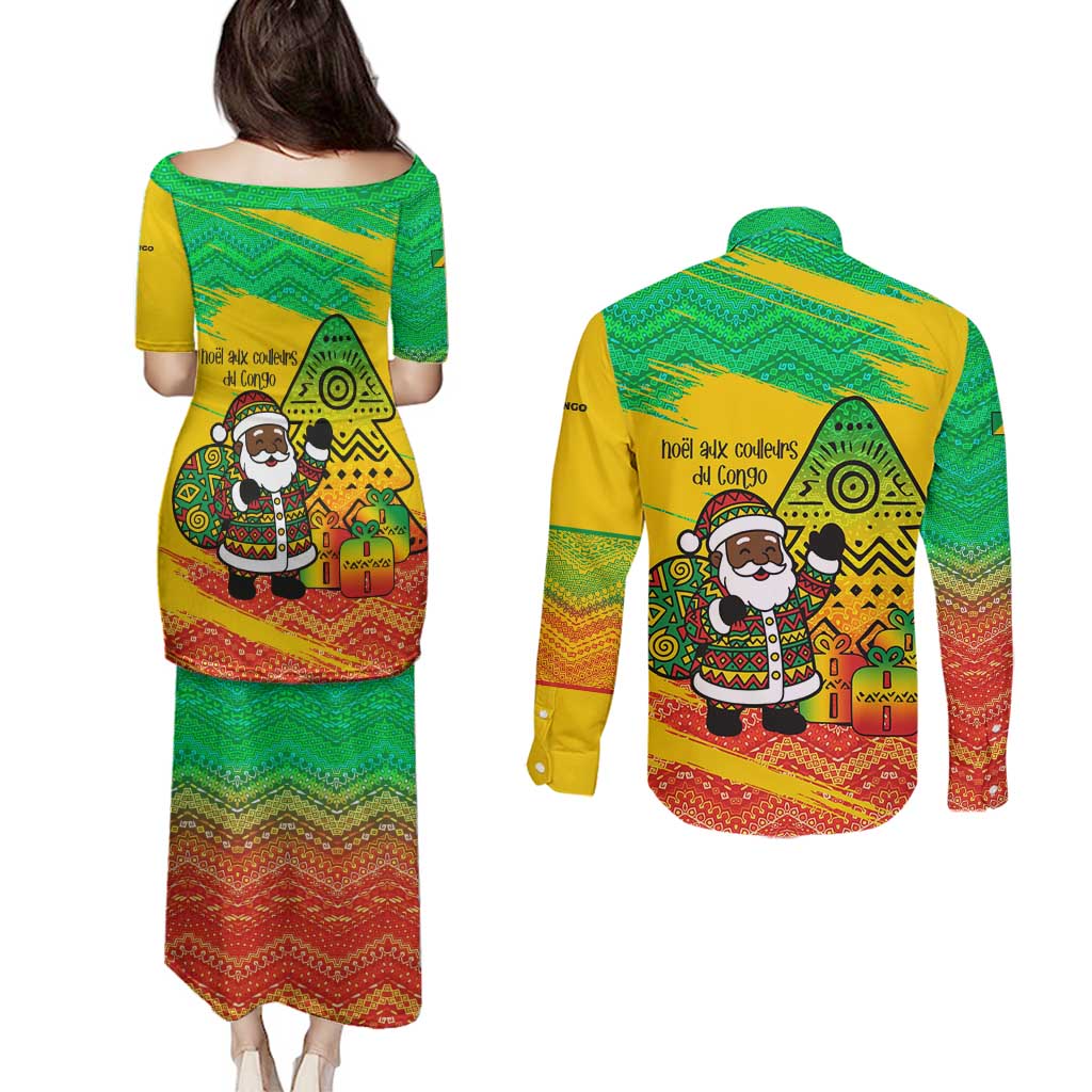 Congo Christmas Couples Matching Puletasi and Long Sleeve Button Shirt with African Santa Tribal Tree and Colorful Gift Design - Wonder Print Shop