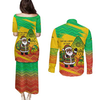 Congo Christmas Couples Matching Puletasi and Long Sleeve Button Shirt with African Santa Tribal Tree and Colorful Gift Design - Wonder Print Shop
