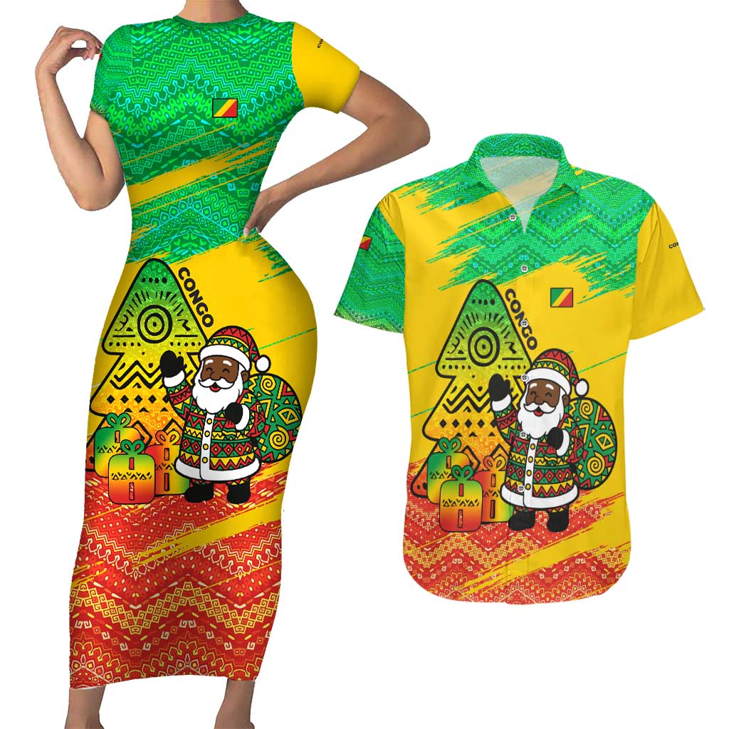 Congo Christmas Couples Matching Short Sleeve Bodycon Dress and Hawaiian Shirt with African Santa Tribal Tree and Colorful Gift Design - Wonder Print Shop