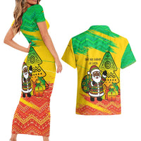 Congo Christmas Couples Matching Short Sleeve Bodycon Dress and Hawaiian Shirt with African Santa Tribal Tree and Colorful Gift Design - Wonder Print Shop