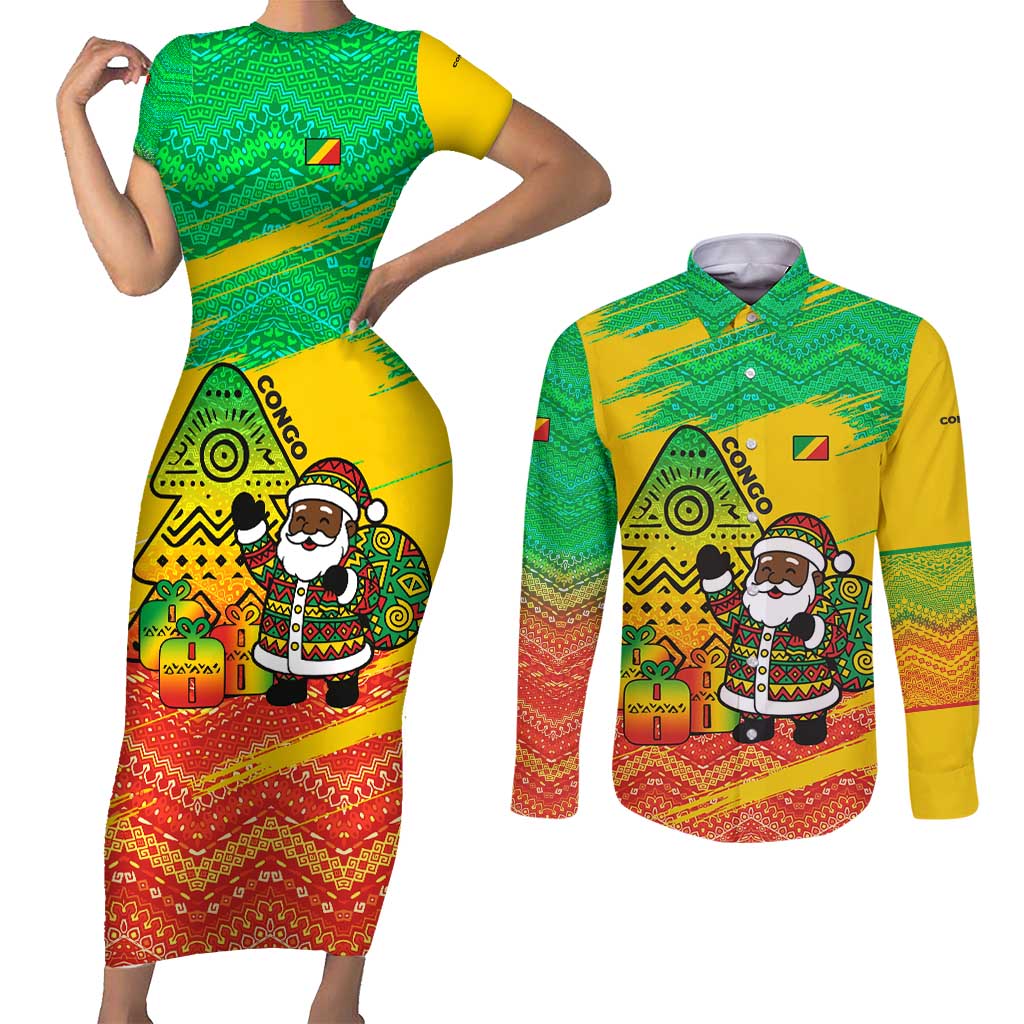 Congo Christmas Couples Matching Short Sleeve Bodycon Dress and Long Sleeve Button Shirt with African Santa Tribal Tree and Colorful Gift Design - Wonder Print Shop
