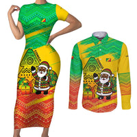 Congo Christmas Couples Matching Short Sleeve Bodycon Dress and Long Sleeve Button Shirt with African Santa Tribal Tree and Colorful Gift Design - Wonder Print Shop