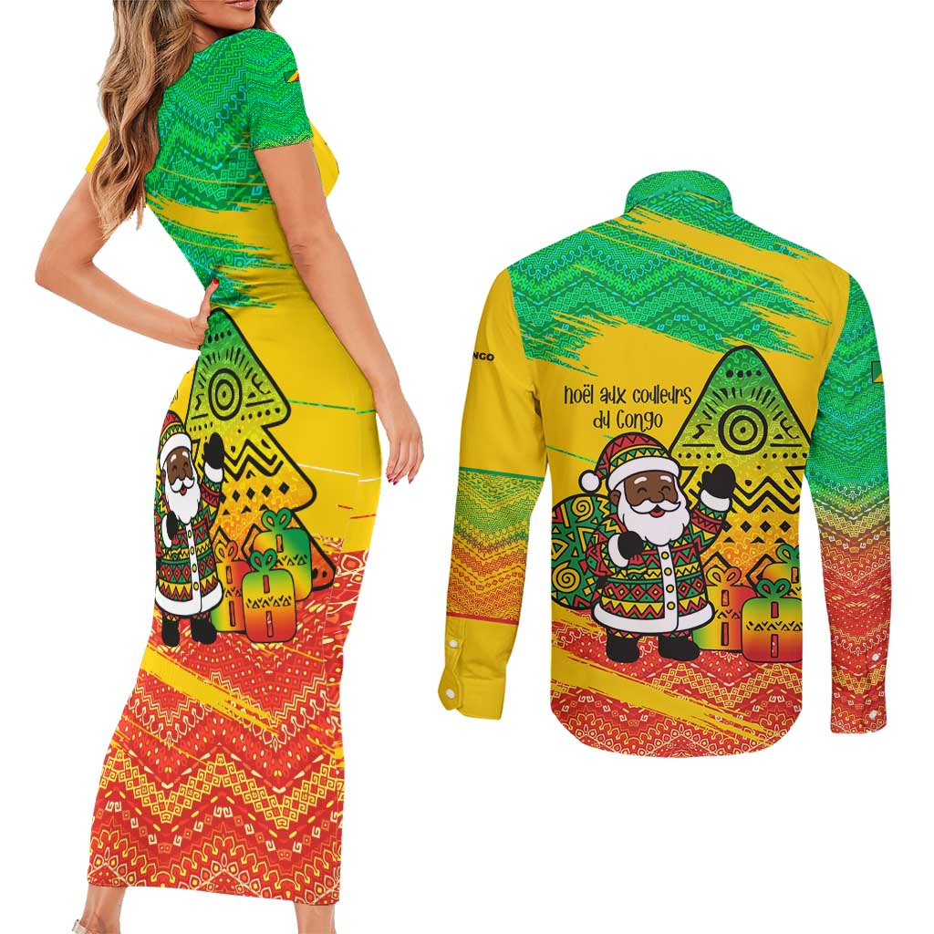 Congo Christmas Couples Matching Short Sleeve Bodycon Dress and Long Sleeve Button Shirt with African Santa Tribal Tree and Colorful Gift Design - Wonder Print Shop