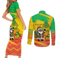 Congo Christmas Couples Matching Short Sleeve Bodycon Dress and Long Sleeve Button Shirt with African Santa Tribal Tree and Colorful Gift Design - Wonder Print Shop