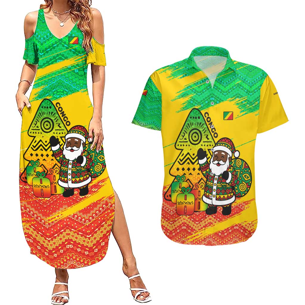 Congo Christmas Couples Matching Summer Maxi Dress and Hawaiian Shirt with African Santa Tribal Tree and Colorful Gift Design - Wonder Print Shop