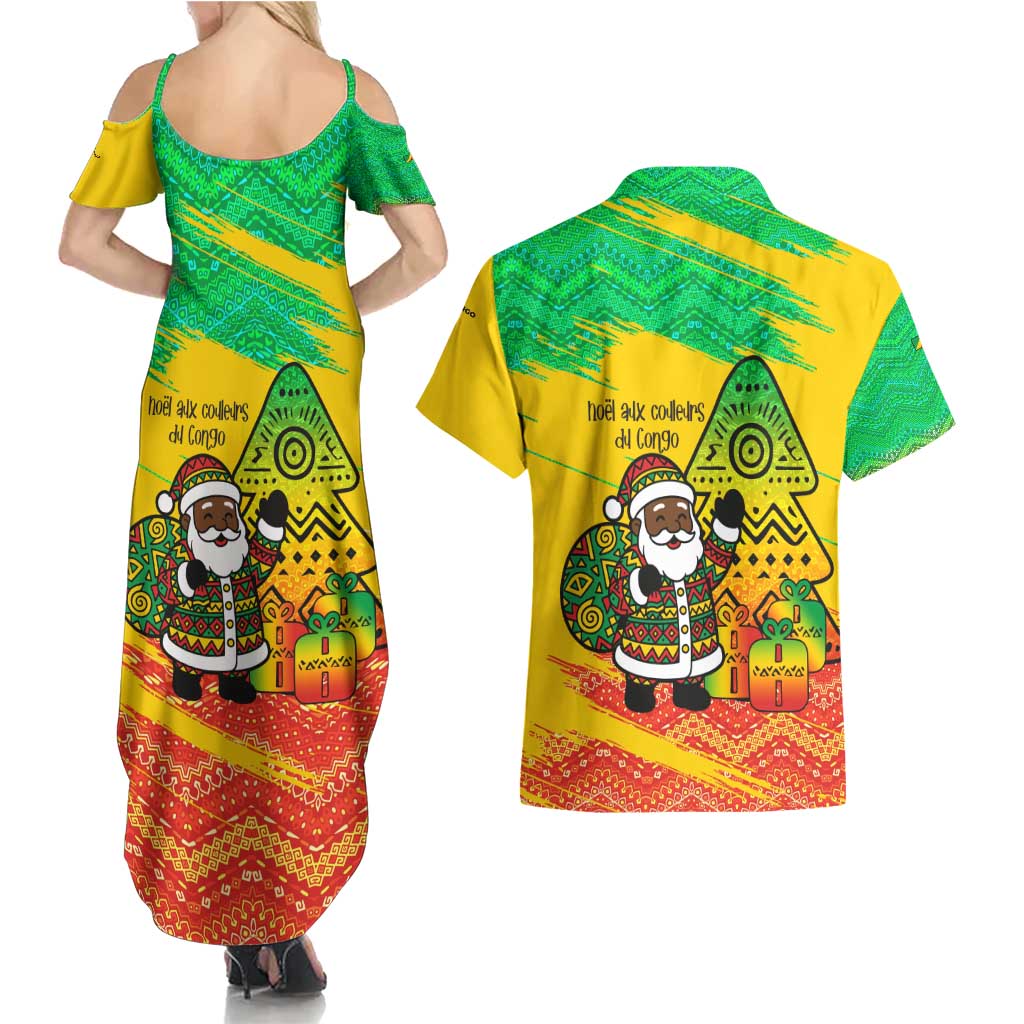 Congo Christmas Couples Matching Summer Maxi Dress and Hawaiian Shirt with African Santa Tribal Tree and Colorful Gift Design - Wonder Print Shop