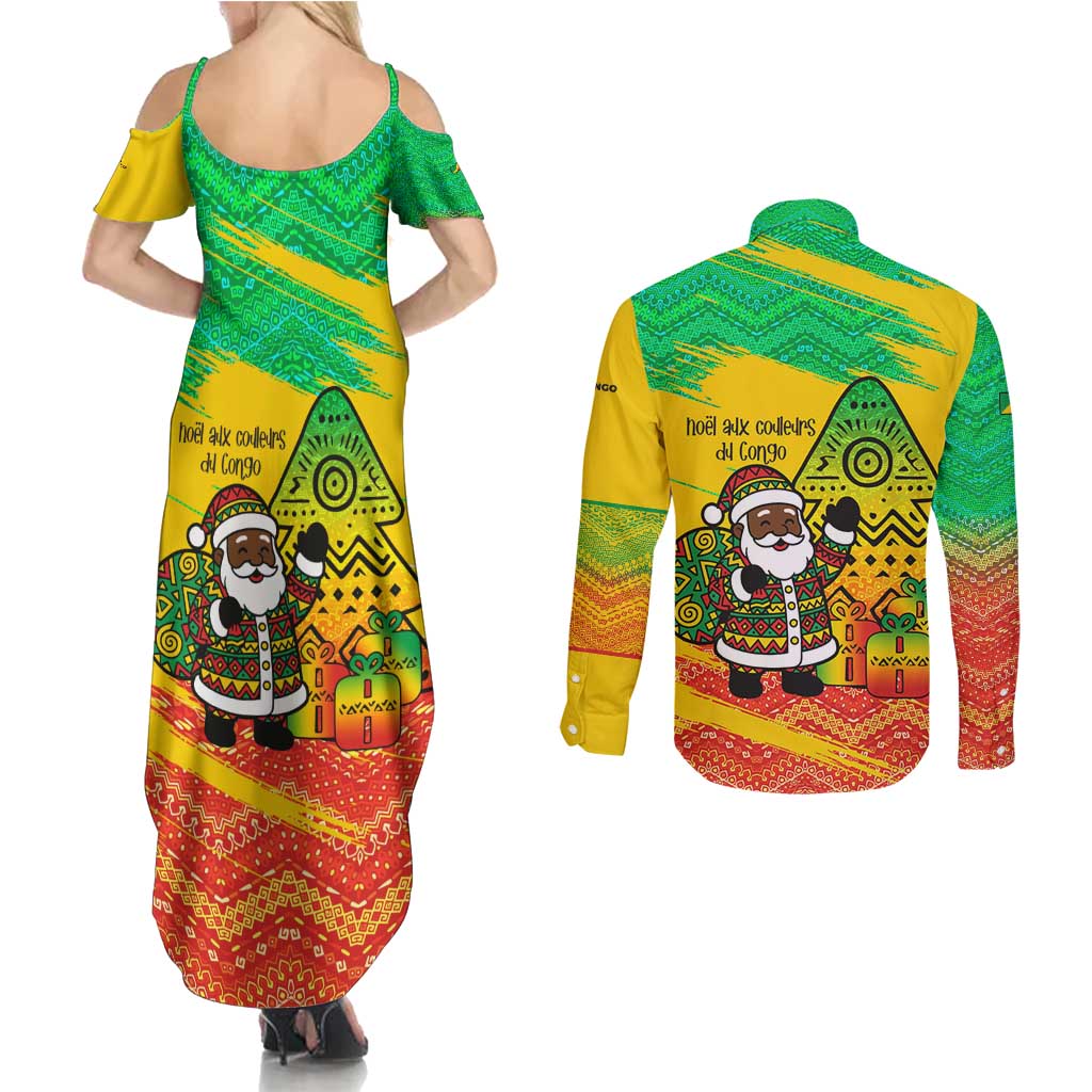 Congo Christmas Couples Matching Summer Maxi Dress and Long Sleeve Button Shirt with African Santa Tribal Tree and Colorful Gift Design - Wonder Print Shop