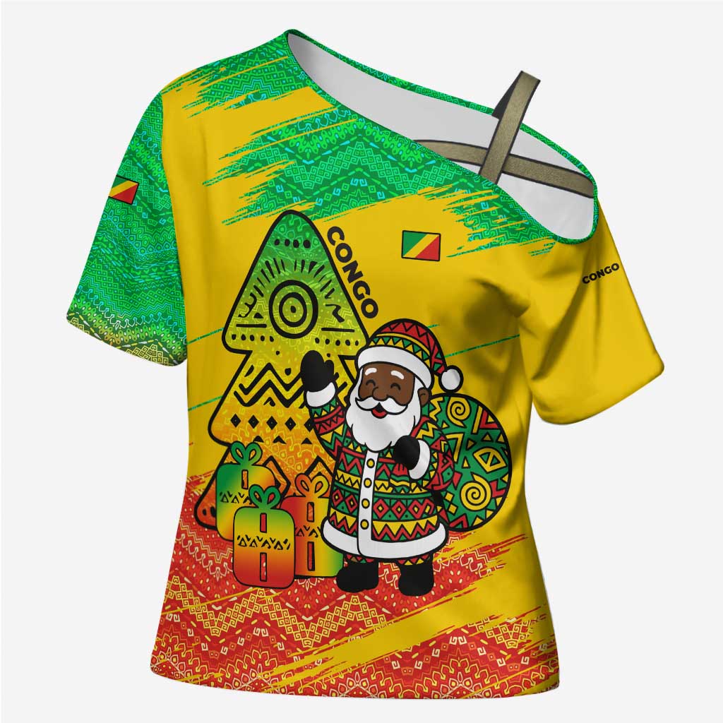 Congo Christmas Cross Shoulder Shirt with African Santa Tribal Tree and Colorful Gift Design - Wonder Print Shop