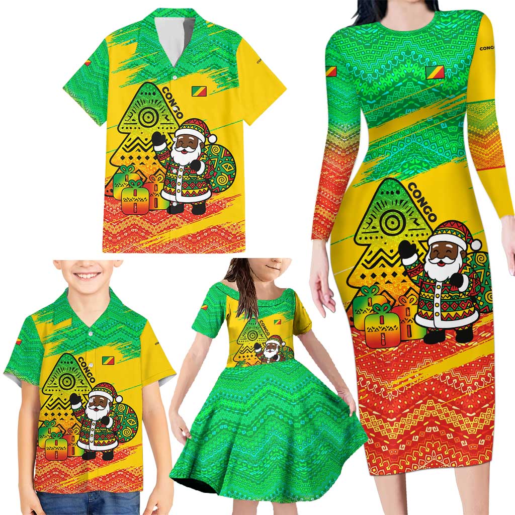 Congo Christmas Family Matching Long Sleeve Bodycon Dress and Hawaiian Shirt with African Santa Tribal Tree and Colorful Gift Design - Wonder Print Shop
