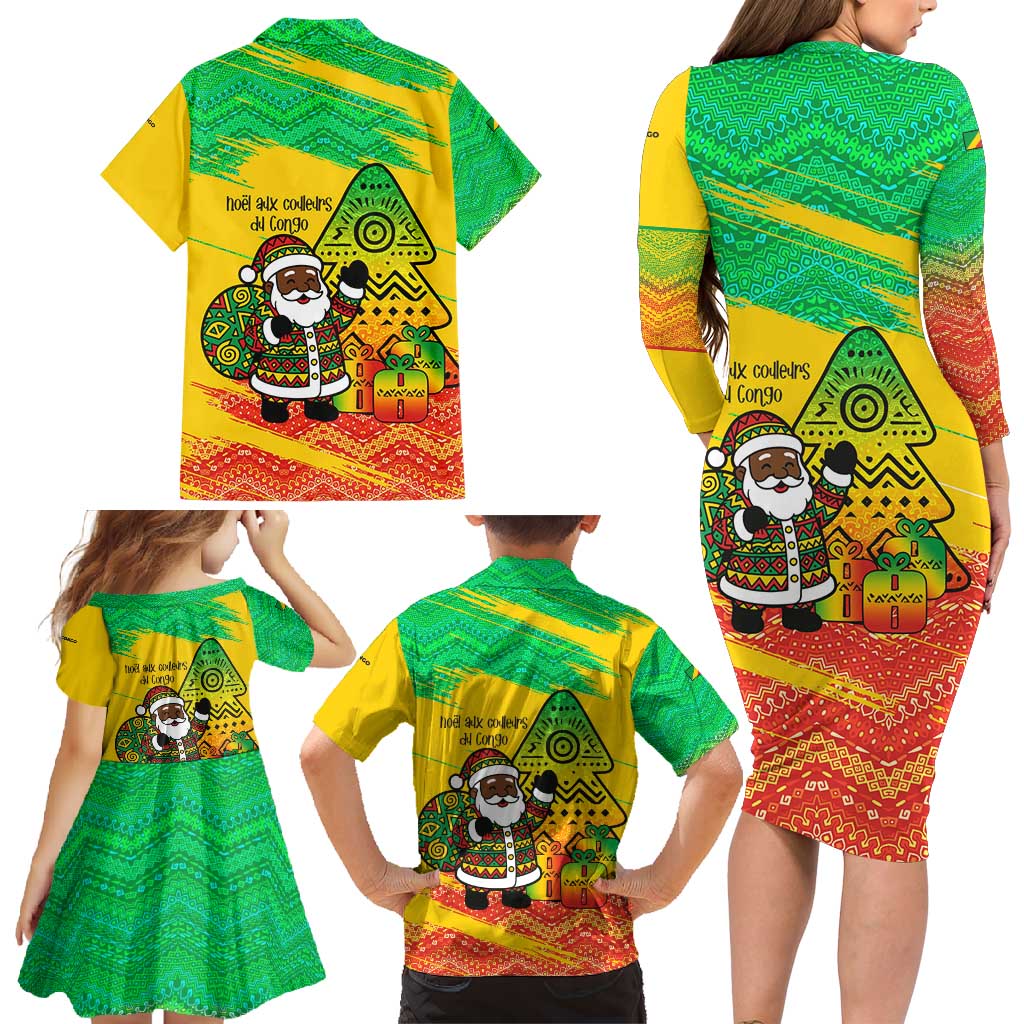 Congo Christmas Family Matching Long Sleeve Bodycon Dress and Hawaiian Shirt with African Santa Tribal Tree and Colorful Gift Design - Wonder Print Shop