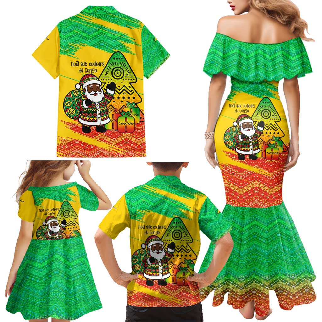 Congo Christmas Family Matching Mermaid Dress and Hawaiian Shirt with African Santa Tribal Tree and Colorful Gift Design - Wonder Print Shop