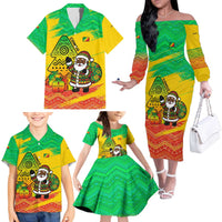 Congo Christmas Family Matching Off The Shoulder Long Sleeve Dress and Hawaiian Shirt with African Santa Tribal Tree and Colorful Gift Design - Wonder Print Shop
