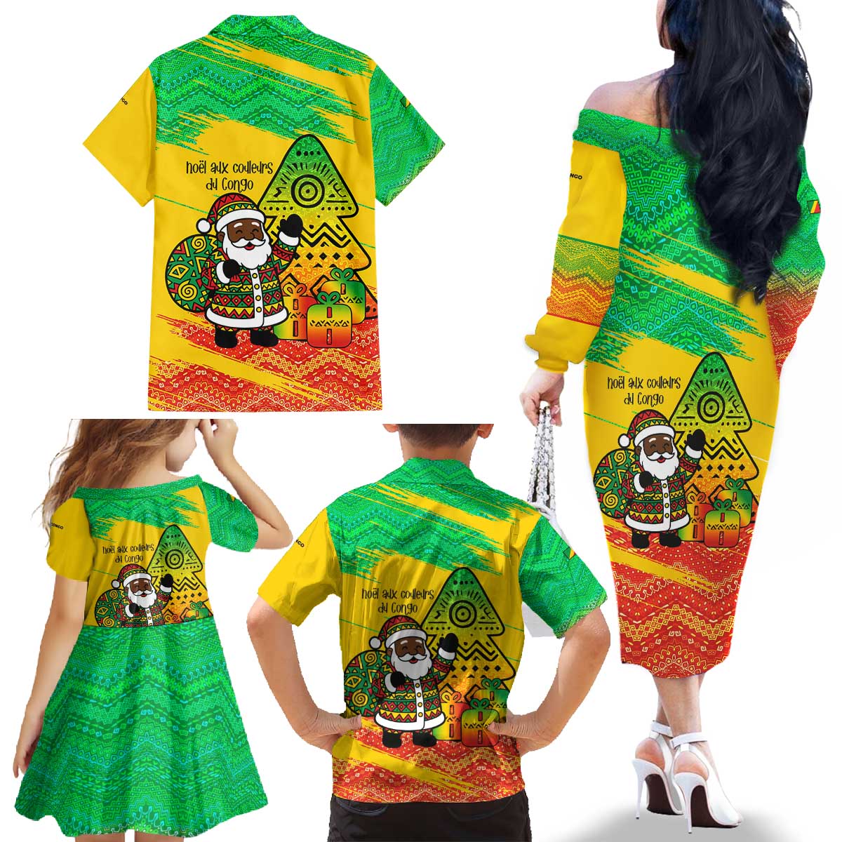 Congo Christmas Family Matching Off The Shoulder Long Sleeve Dress and Hawaiian Shirt with African Santa Tribal Tree and Colorful Gift Design - Wonder Print Shop