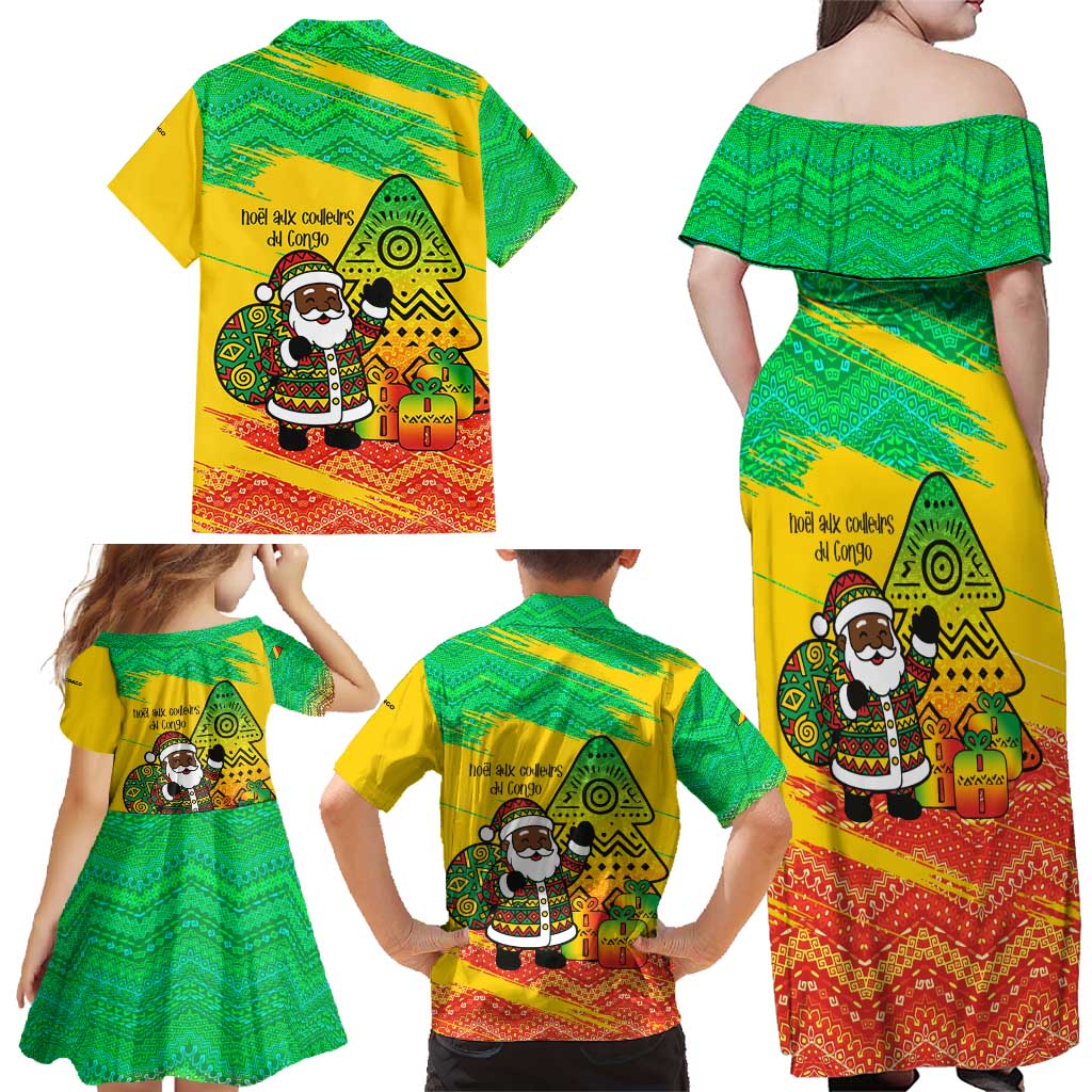 Congo Christmas Family Matching Off Shoulder Maxi Dress and Hawaiian Shirt with African Santa Tribal Tree and Colorful Gift Design - Wonder Print Shop