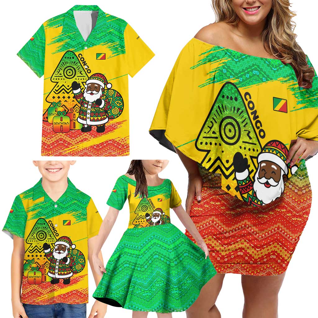 Congo Christmas Family Matching Off Shoulder Short Dress and Hawaiian Shirt with African Santa Tribal Tree and Colorful Gift Design - Wonder Print Shop