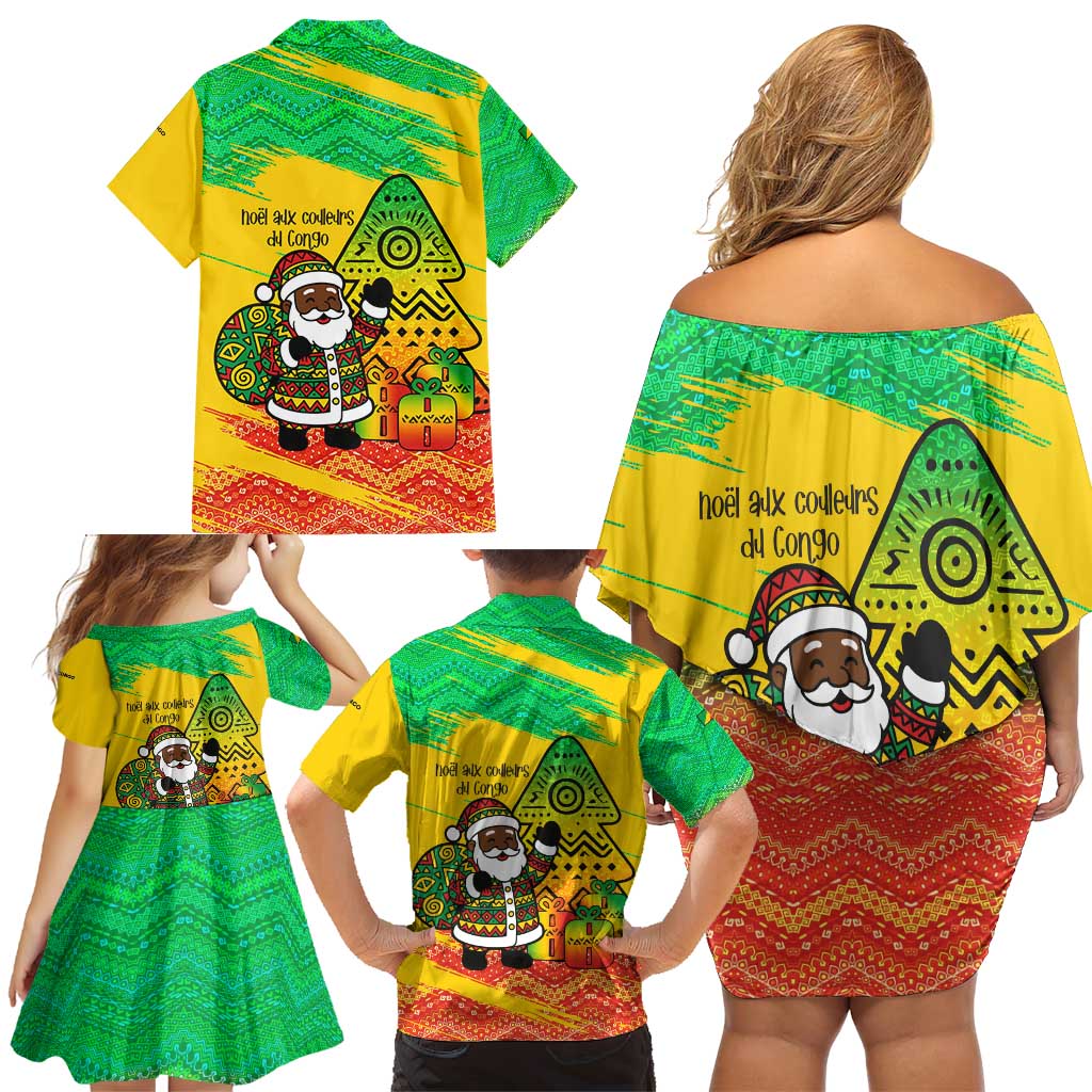 Congo Christmas Family Matching Off Shoulder Short Dress and Hawaiian Shirt with African Santa Tribal Tree and Colorful Gift Design - Wonder Print Shop