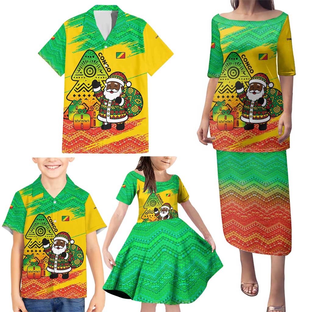 Congo Christmas Family Matching Puletasi and Hawaiian Shirt with African Santa Tribal Tree and Colorful Gift Design - Wonder Print Shop
