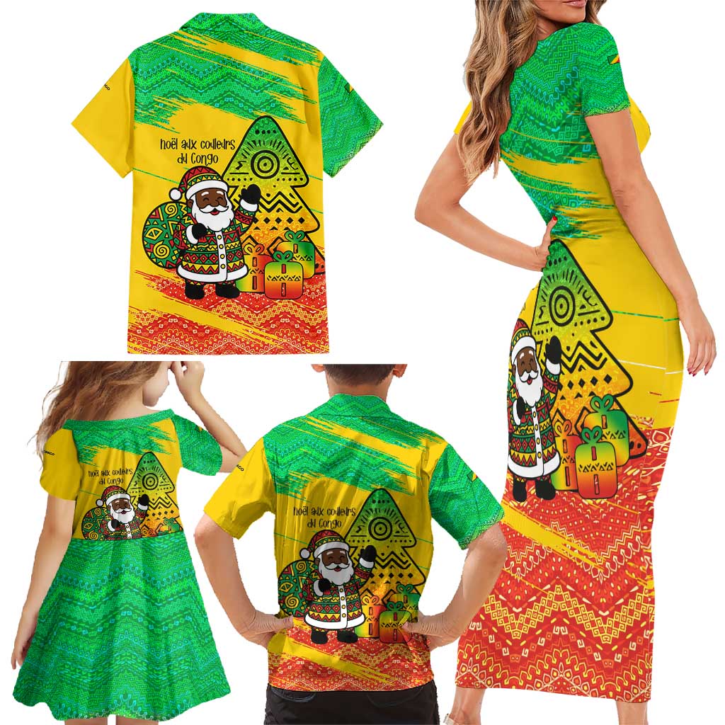 Congo Christmas Family Matching Short Sleeve Bodycon Dress and Hawaiian Shirt with African Santa Tribal Tree and Colorful Gift Design - Wonder Print Shop