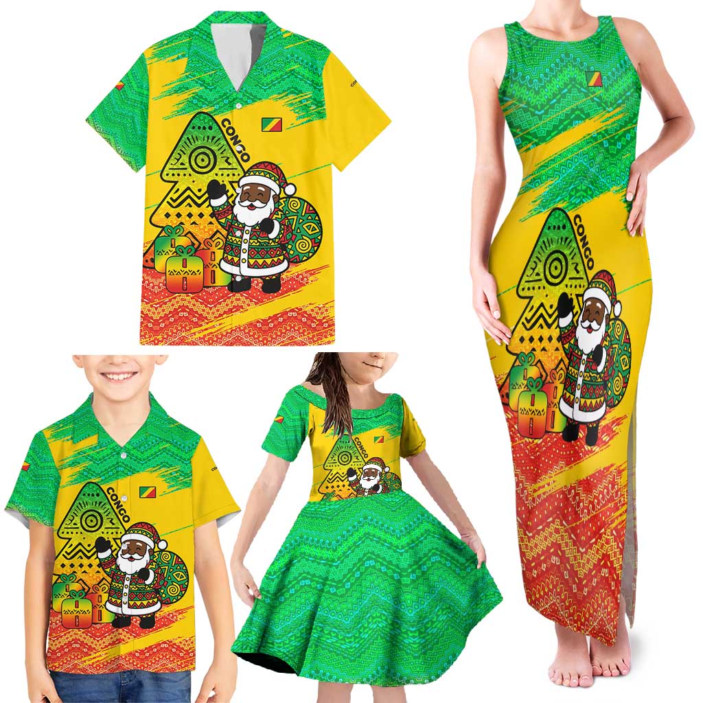 Congo Christmas Family Matching Tank Maxi Dress and Hawaiian Shirt with African Santa Tribal Tree and Colorful Gift Design - Wonder Print Shop