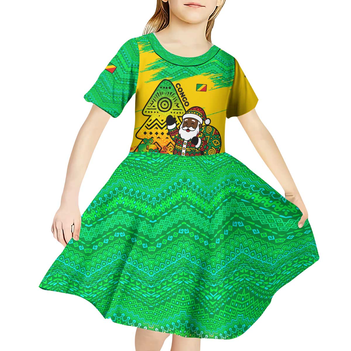 Congo Christmas Kid Short Sleeve Dress with African Santa Tribal Tree and Colorful Gift Design - Wonder Print Shop