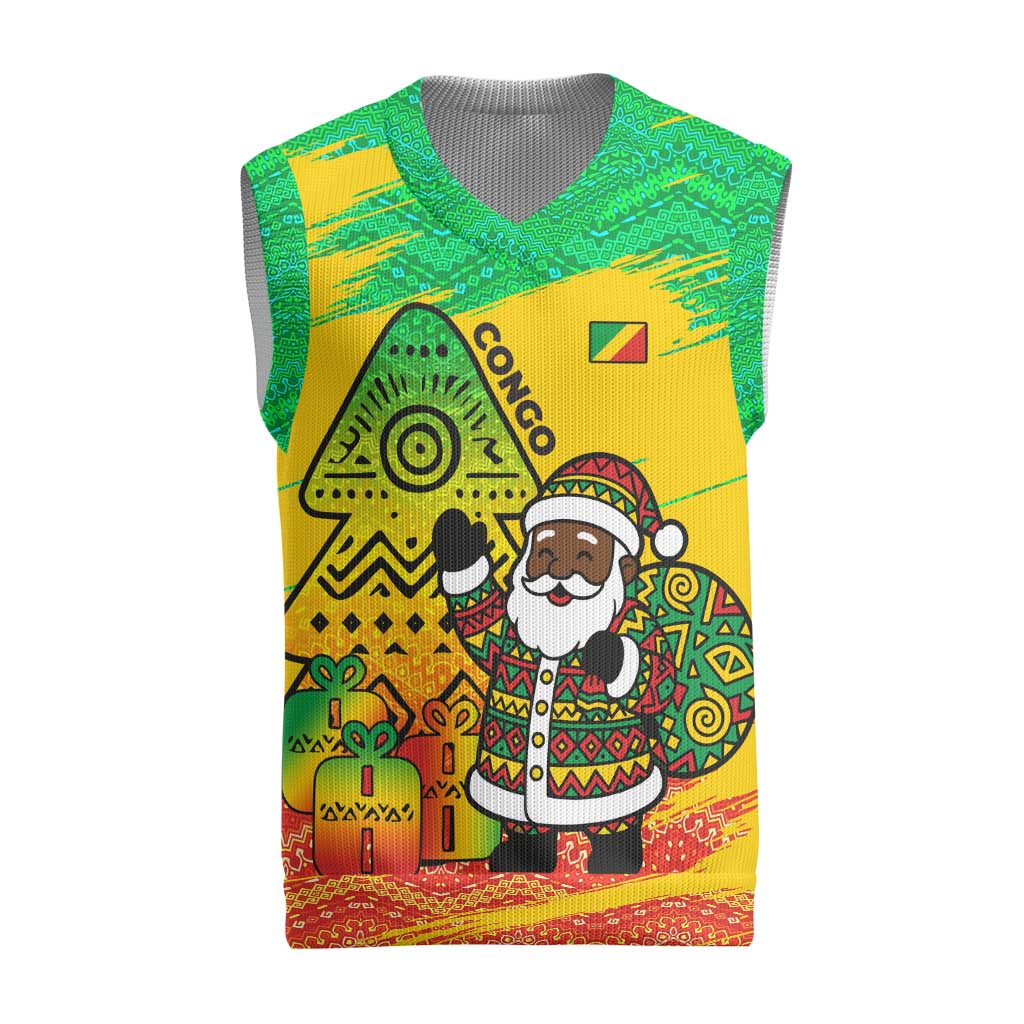 Congo Christmas Knitted V-Neck Vest with African Santa Tribal Tree and Colorful Gift Design - Wonder Print Shop
