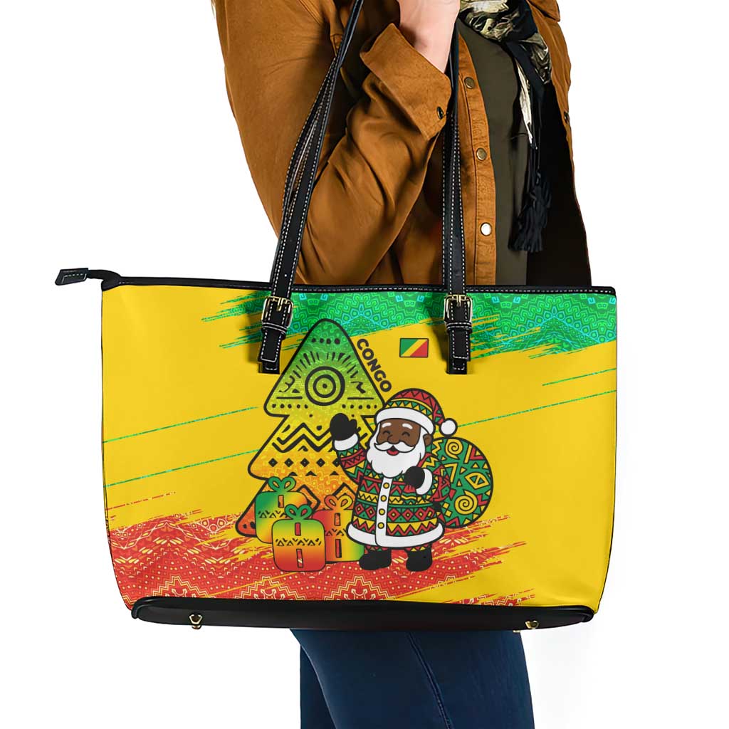 Congo Christmas Leather Tote Bag with African Santa Tribal Tree and Colorful Gift Design - Wonder Print Shop