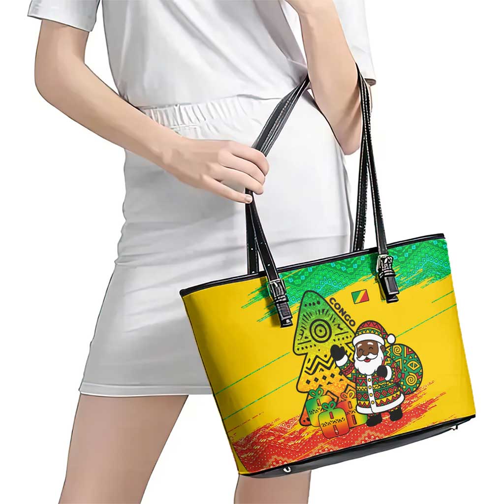 Congo Christmas Leather Tote Bag with African Santa Tribal Tree and Colorful Gift Design - Wonder Print Shop