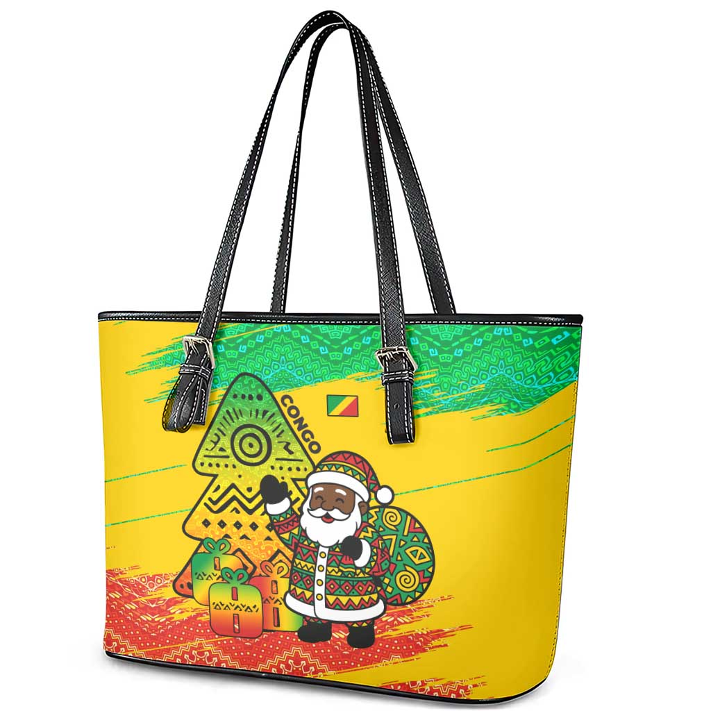 Congo Christmas Leather Tote Bag with African Santa Tribal Tree and Colorful Gift Design - Wonder Print Shop