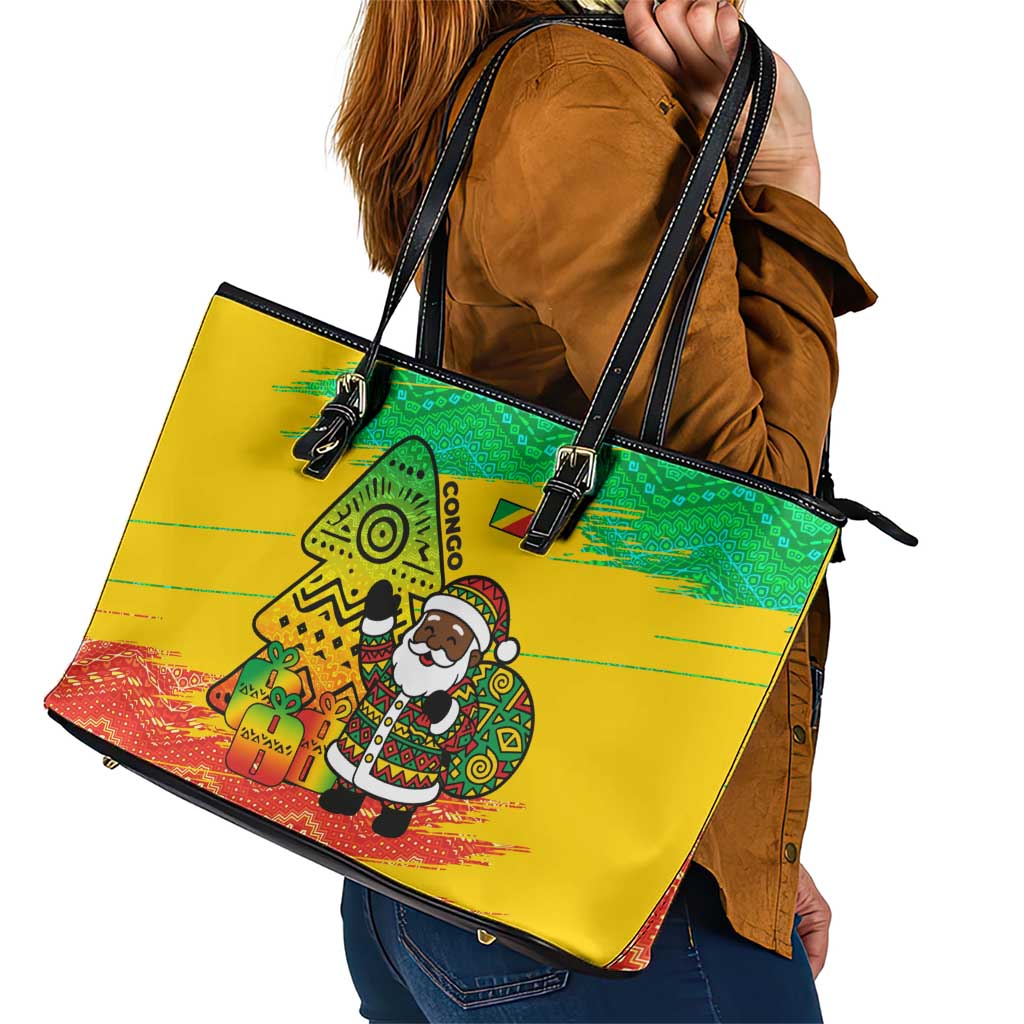 Congo Christmas Leather Tote Bag with African Santa Tribal Tree and Colorful Gift Design - Wonder Print Shop