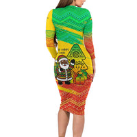 Congo Christmas Long Sleeve Bodycon Dress with African Santa Tribal Tree and Colorful Gift Design - Wonder Print Shop