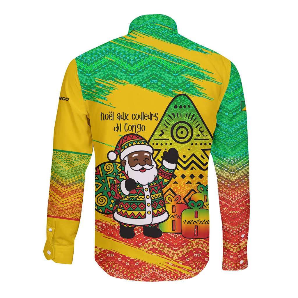 Congo Christmas Long Sleeve Button Shirt with African Santa Tribal Tree and Colorful Gift Design - Wonder Print Shop