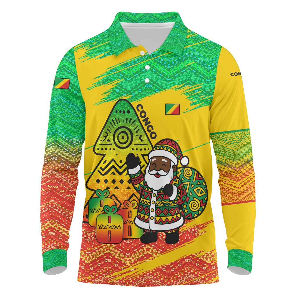 Congo Christmas Long Sleeve Polo Shirt with African Santa Tribal Tree and Colorful Gift Design - Wonder Print Shop