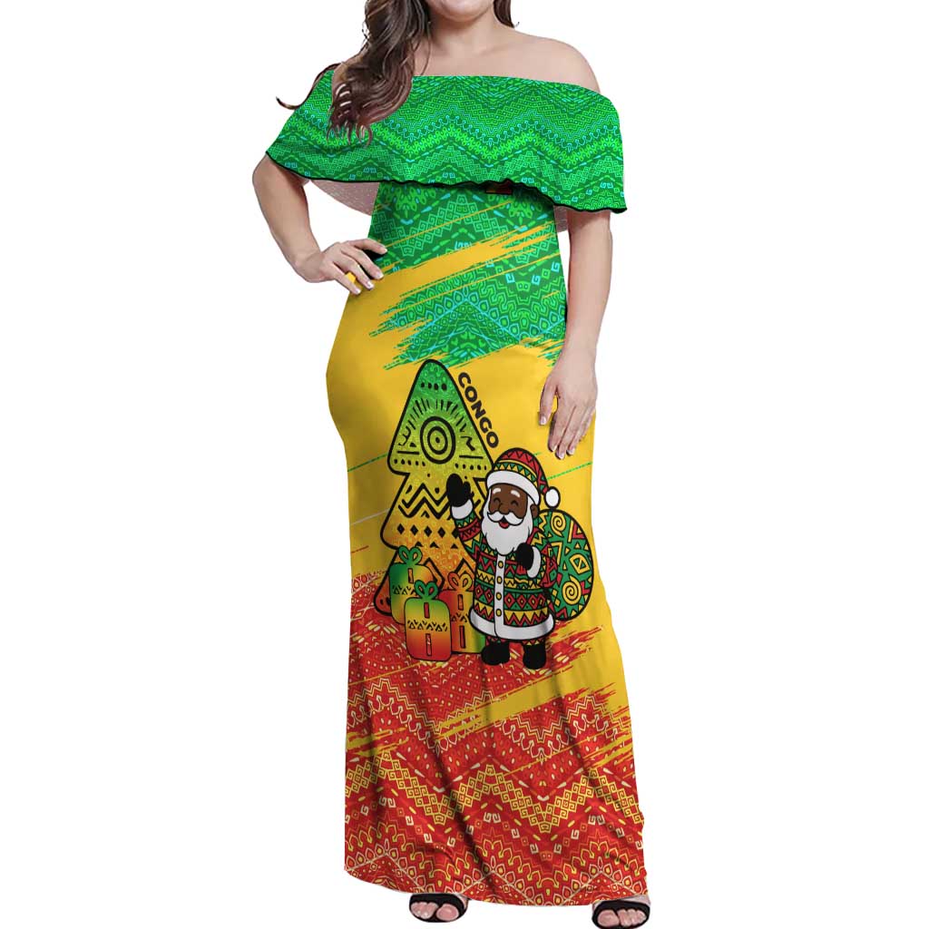 Congo Christmas Off Shoulder Maxi Dress with African Santa Tribal Tree and Colorful Gift Design - Wonder Print Shop
