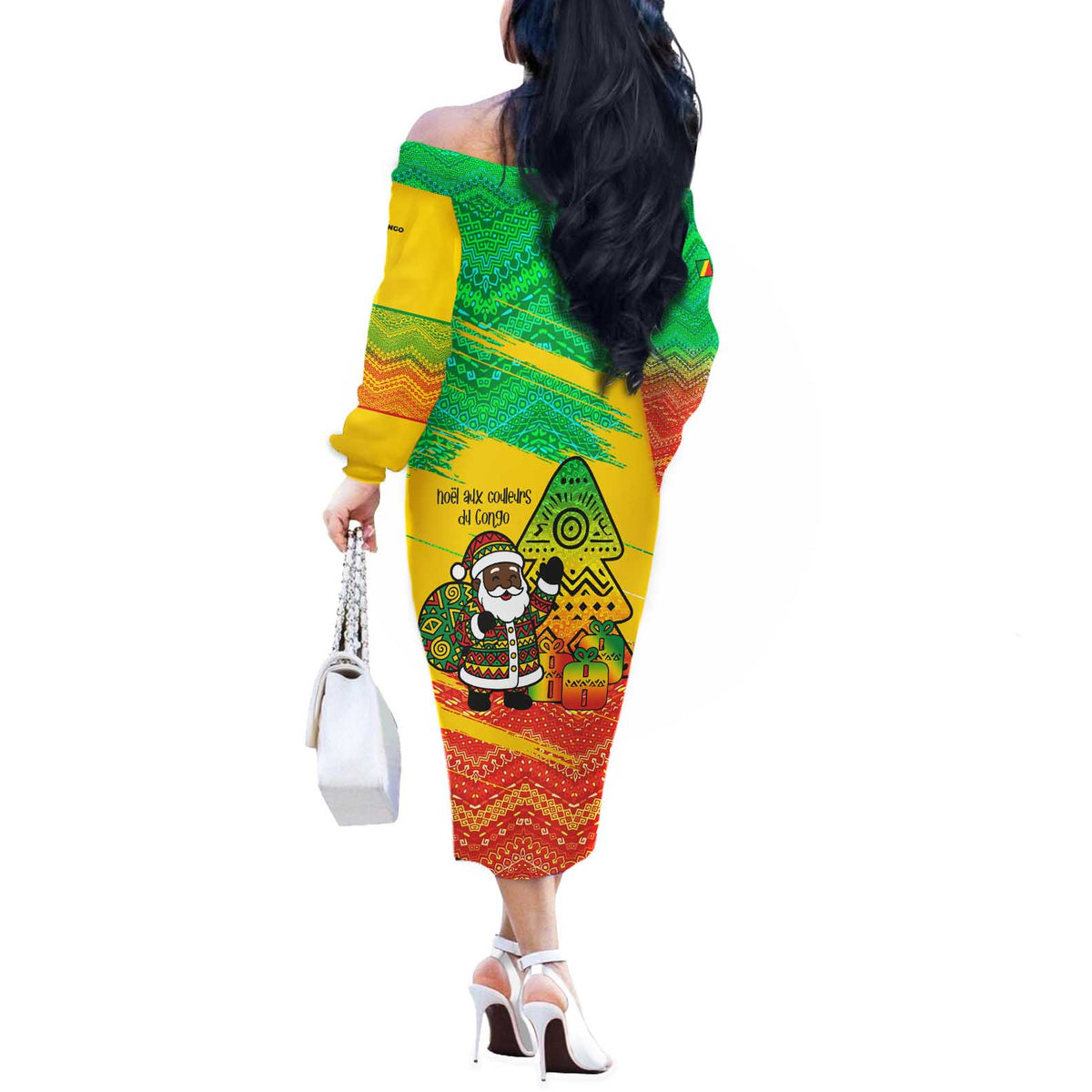 Congo Christmas Off The Shoulder Long Sleeve Dress with African Santa Tribal Tree and Colorful Gift Design - Wonder Print Shop