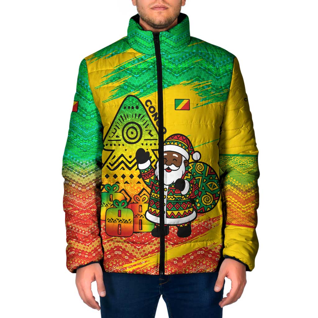 Congo Christmas Padded Jacket with African Santa Tribal Tree and Colorful Gift Design - Wonder Print Shop
