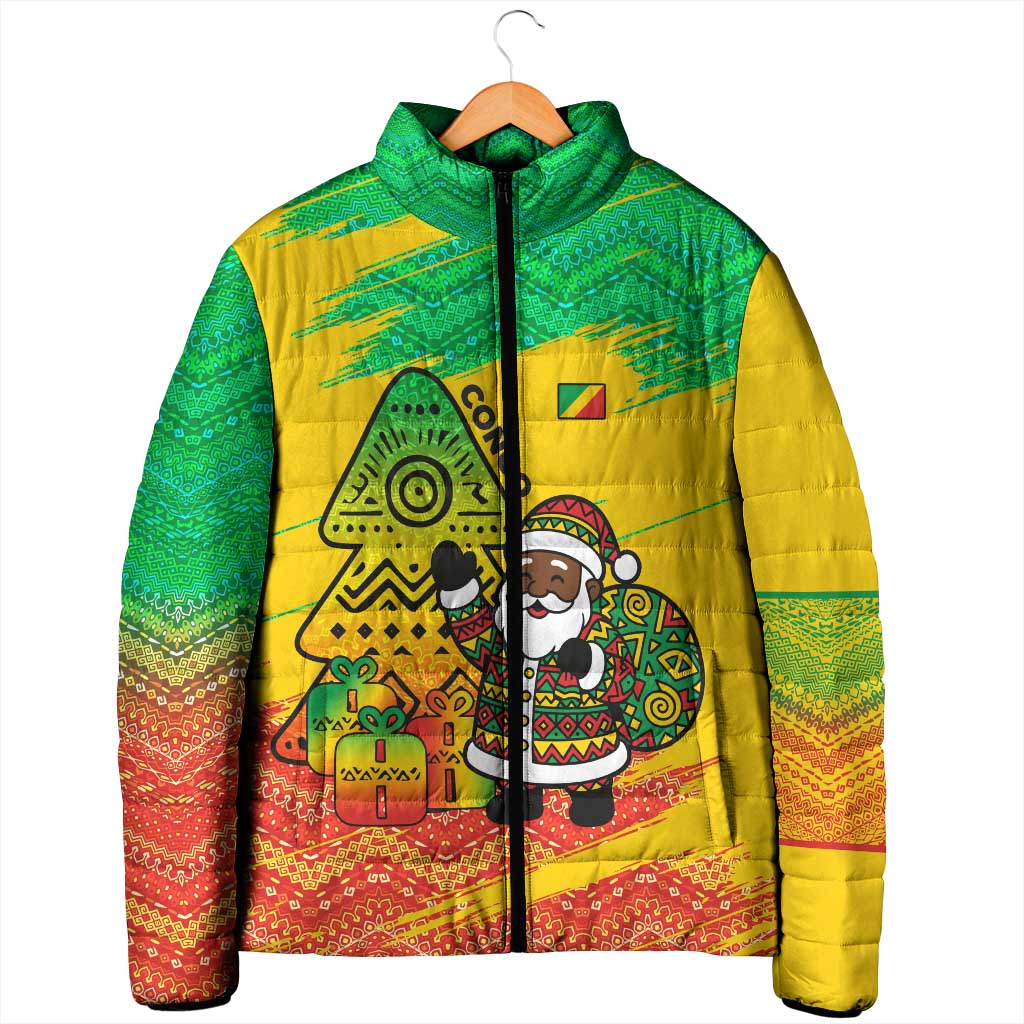 Congo Christmas Padded Jacket with African Santa Tribal Tree and Colorful Gift Design - Wonder Print Shop