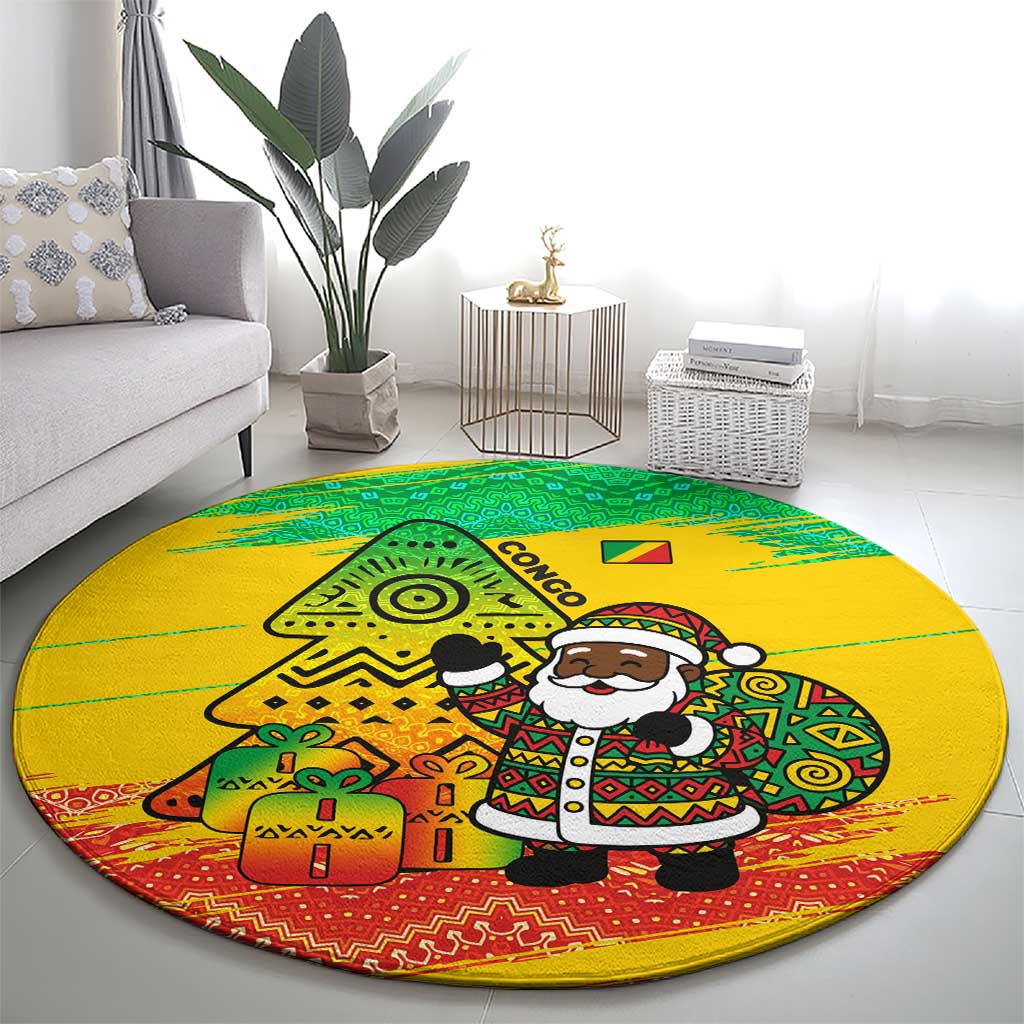 Congo Christmas Round Carpet with African Santa Tribal Tree and Colorful Gift Design - Wonder Print Shop
