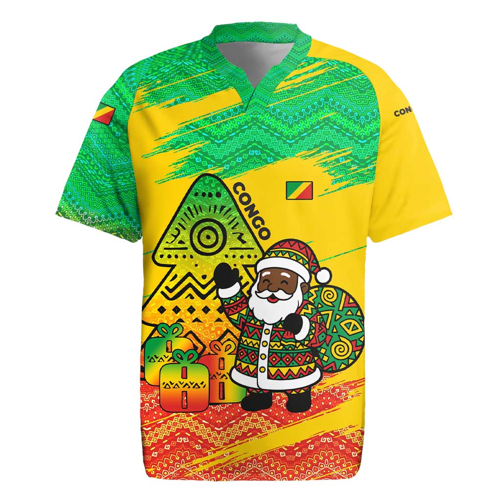 Congo Christmas Rugby Jersey with African Santa Tribal Tree and Colorful Gift Design - Wonder Print Shop