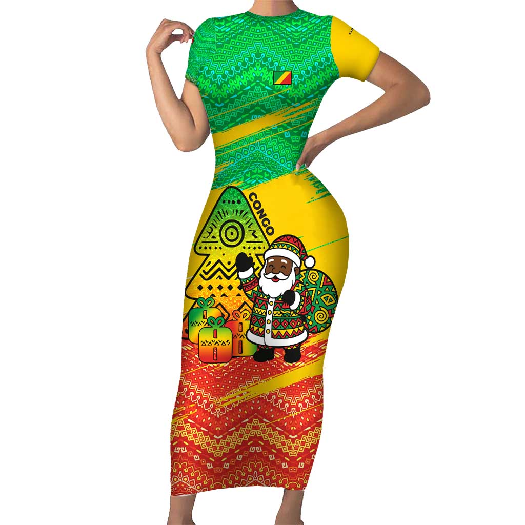 Congo Christmas Short Sleeve Bodycon Dress with African Santa Tribal Tree and Colorful Gift Design - Wonder Print Shop