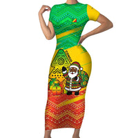 Congo Christmas Short Sleeve Bodycon Dress with African Santa Tribal Tree and Colorful Gift Design - Wonder Print Shop