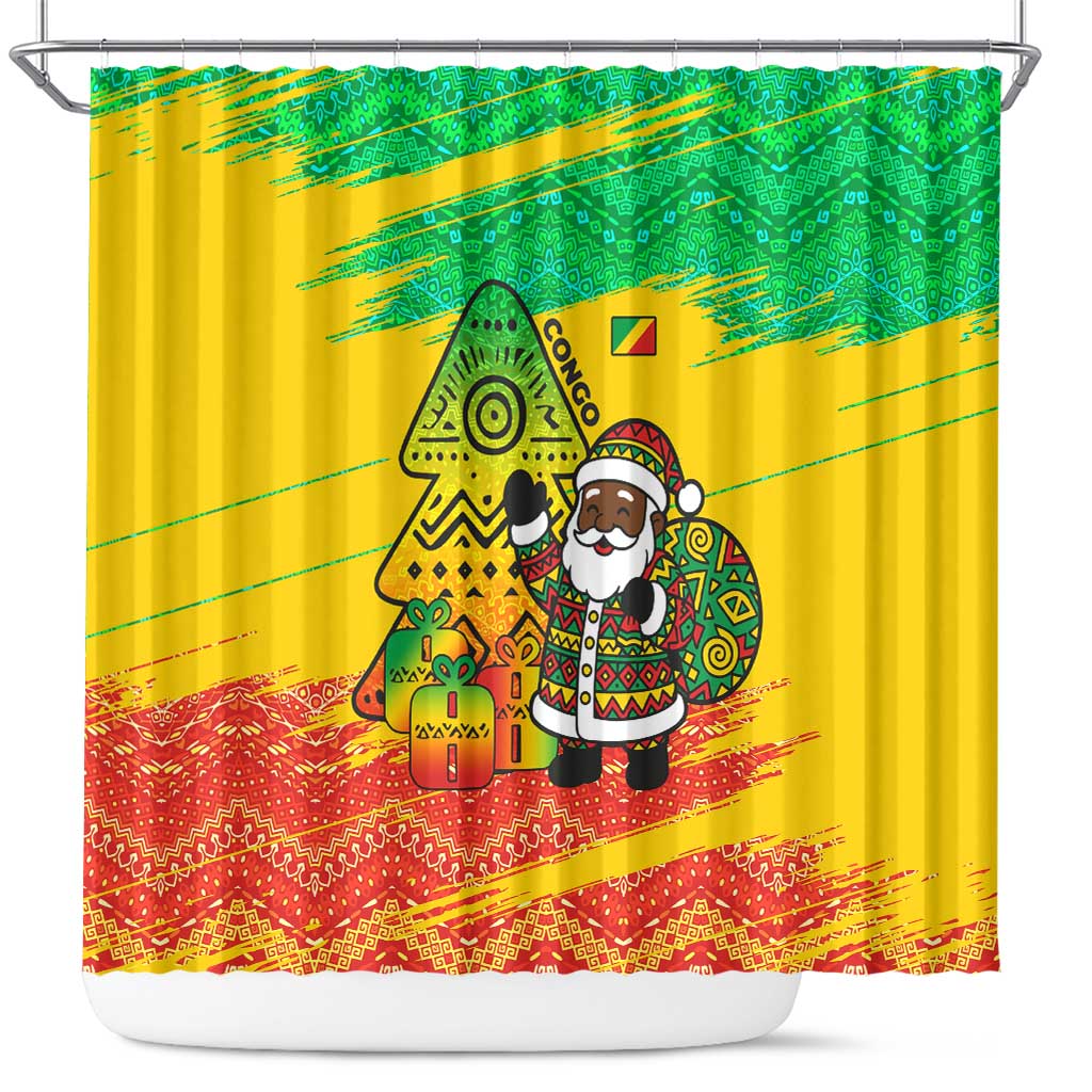Congo Christmas Shower Curtain with African Santa Tribal Tree and Colorful Gift Design - Wonder Print Shop