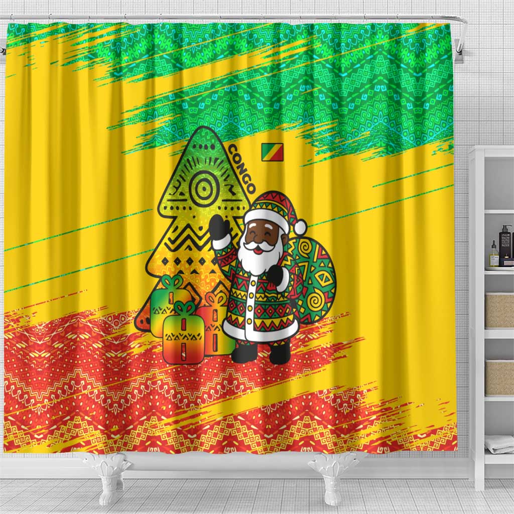 Congo Christmas Shower Curtain with African Santa Tribal Tree and Colorful Gift Design - Wonder Print Shop