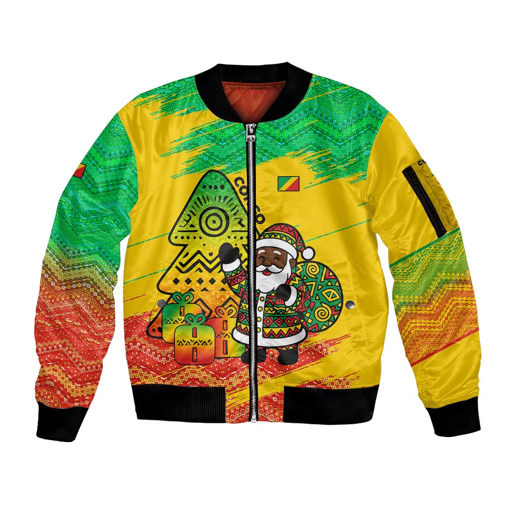 Congo Christmas Sleeve Zip Bomber Jacket with African Santa Tribal Tree and Colorful Gift Design - Wonder Print Shop