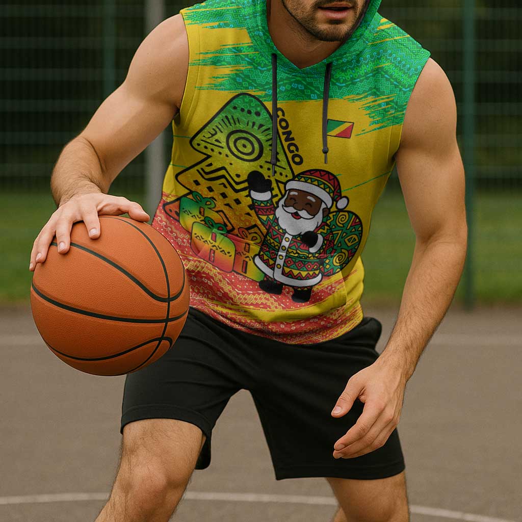 Congo Christmas Sleeveless Hoodie with African Santa Tribal Tree and Colorful Gift Design - Wonder Print Shop