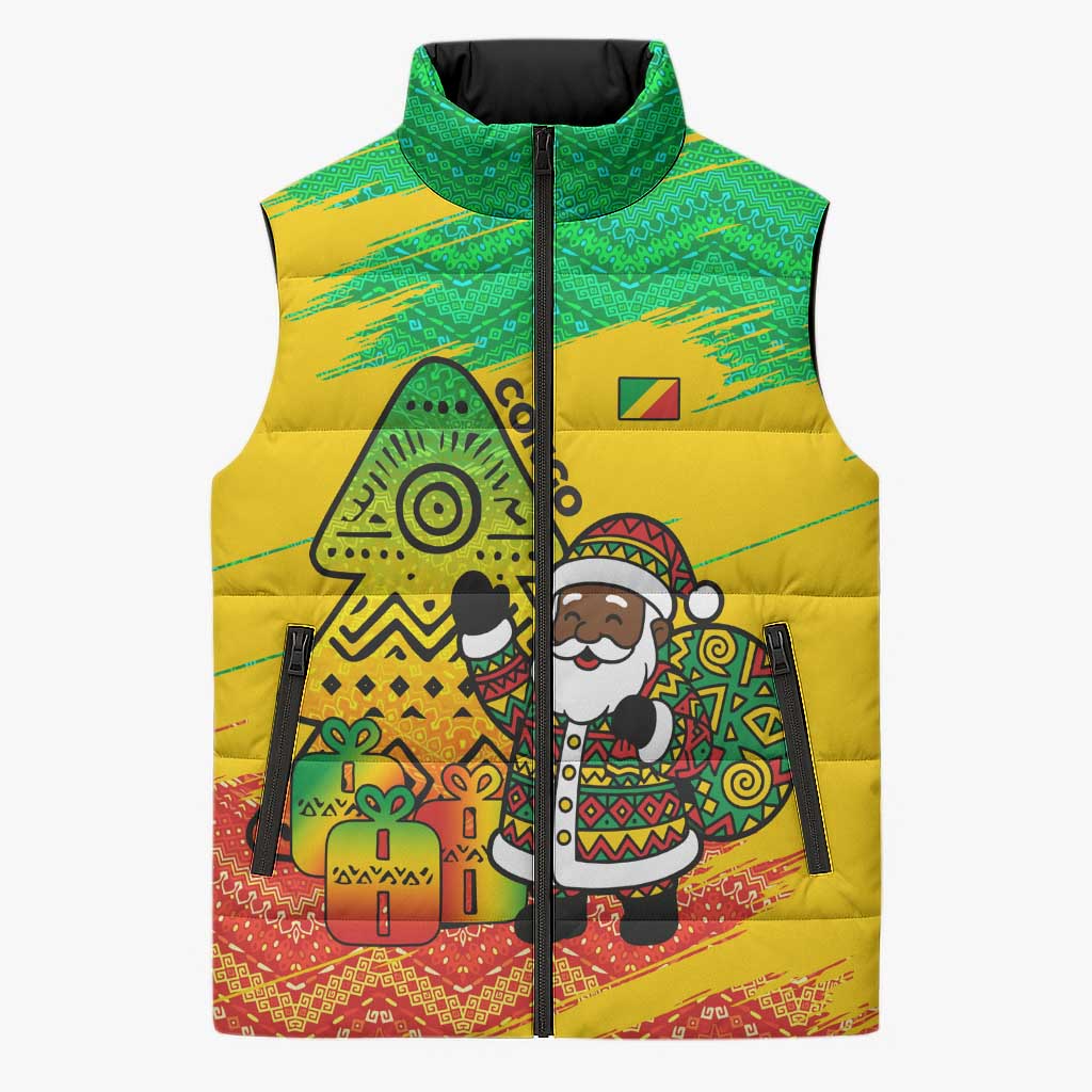 Congo Christmas Sleeveless Puffer Jacket with African Santa Tribal Tree and Colorful Gift Design - Wonder Print Shop