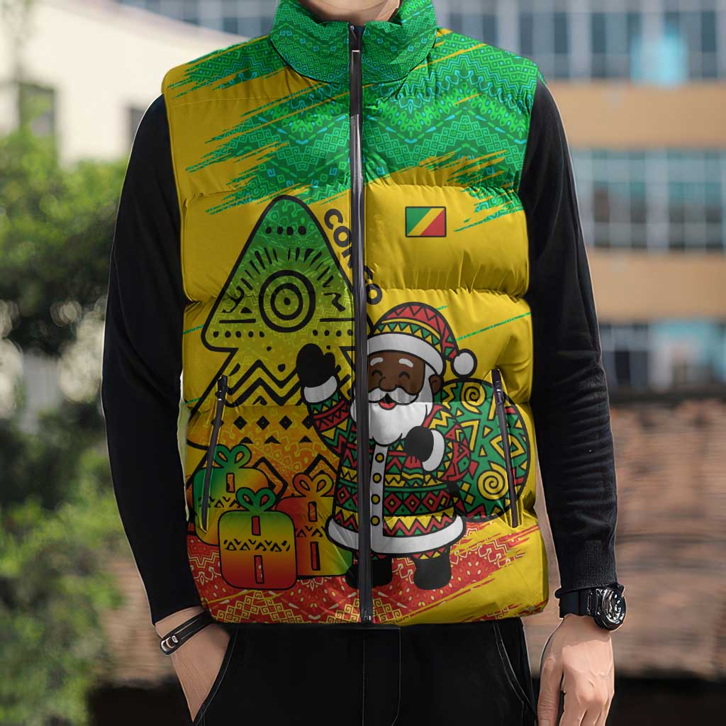 Congo Christmas Sleeveless Puffer Jacket with African Santa Tribal Tree and Colorful Gift Design - Wonder Print Shop